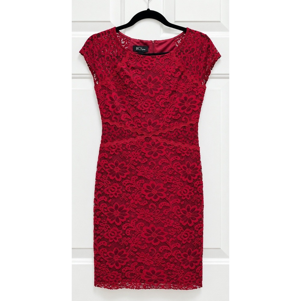 BCX Dress Size 7 Burgundy Red Floral Lace Sheath Cap Sleeve Cocktail Mini Dress